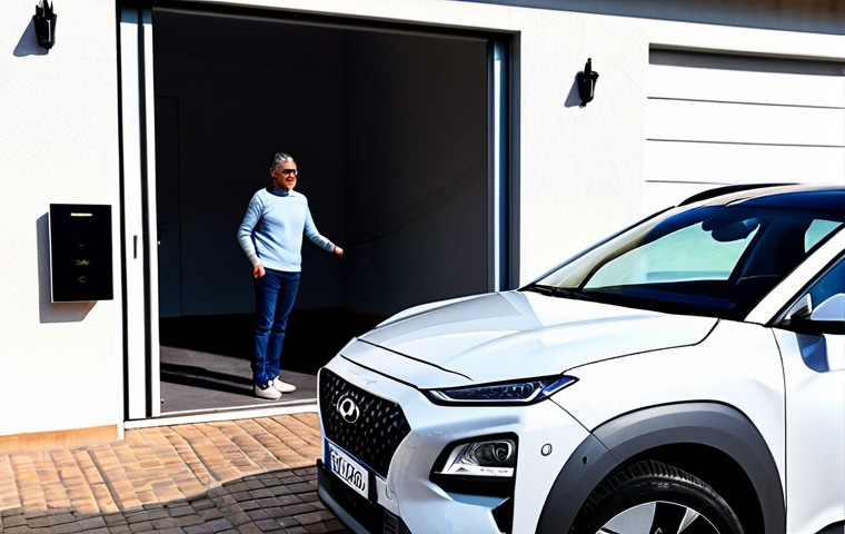 Responsible Electric Car Owner**
"A responsible adult, fully clothed in casual Spanish clothing, carefully plugging in their Hyundai Kona EV to a home charger in the garage of a modern suburban villa near Madrid. Sunlight streams through the open garage door. The scene emphasizes safety and eco-consciousness. safe for work, appropriate content, professional, family-friendly, perfect anatomy, natural proportions, well-formed hands, proper finger count."
**