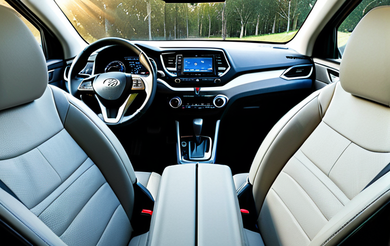 Comfortable Interior**
"The spacious interior of a Hyundai Tucson, showcasing the comfortable seats and well-designed dashboard. The focus is on the legroom and ergonomic layout. Sunlight streaming through the windows creates a welcoming atmosphere. fully clothed, safe for work, appropriate content, perfect anatomy, natural proportions, family-friendly, professional photography, high quality."
**