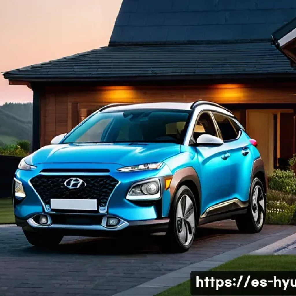 현대 코나 전기차의 충전 시간 - **Prompt:** A serene evening scene of a modern Hyundai Kona Electric charging at a residential Wallb...