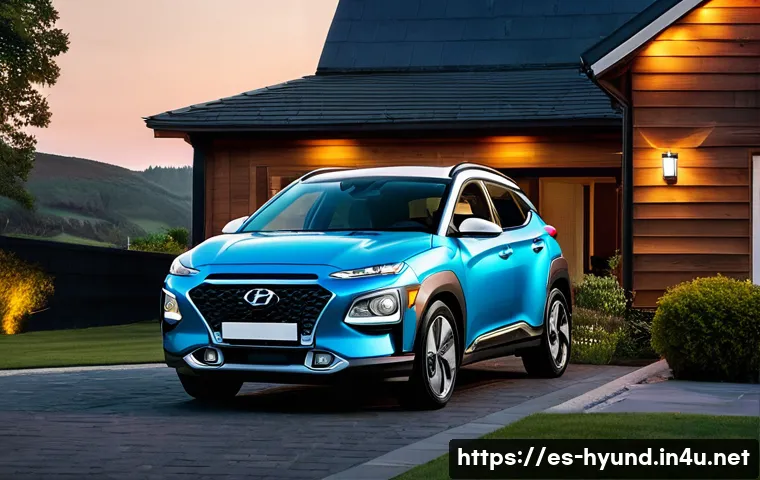 현대 코나 전기차의 충전 시간 - **Prompt:** A serene evening scene of a modern Hyundai Kona Electric charging at a residential Wallb...