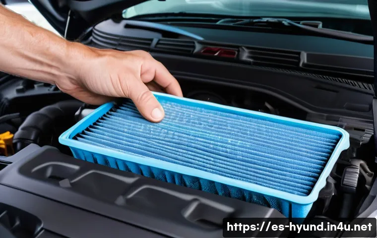 현대 베뉴의 소모품 교체 비용 - A detailed close-up of a mechanic&rsquo;s hands replacing a clean, high-quality air filter in a Hyundai Ve...