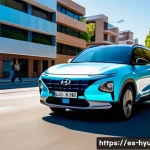 현대 넥쏘의 친환경 인증 - A sleek Hyundai Nexo hydrogen fuel cell car driving on a modern Spanish urban street at sunset, surr...