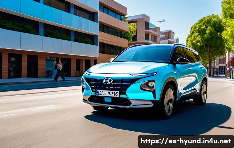 현대 넥쏘의 친환경 인증 - A sleek Hyundai Nexo hydrogen fuel cell car driving on a modern Spanish urban street at sunset, surr...