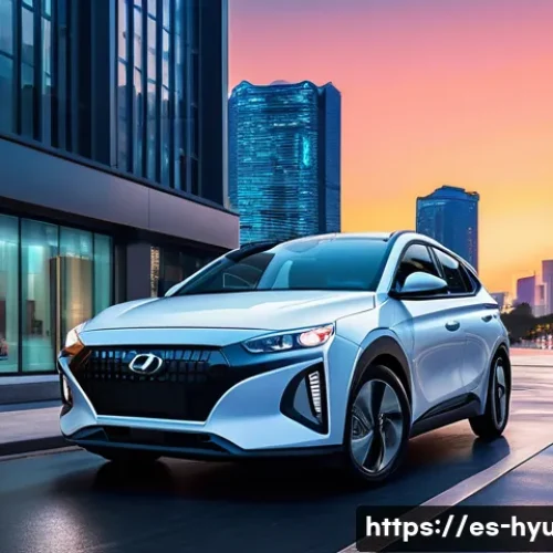 현대 아이오닉 5와 테슬라 모델 Y 비교 - A futuristic urban street scene at dusk featuring a Hyundai Ioniq 5 parked under modern LED streetli...