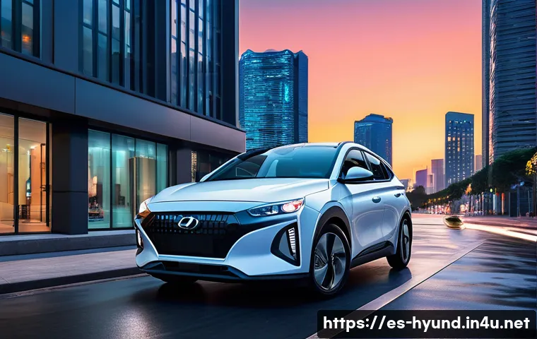 현대 아이오닉 5와 테슬라 모델 Y 비교 - A futuristic urban street scene at dusk featuring a Hyundai Ioniq 5 parked under modern LED streetli...